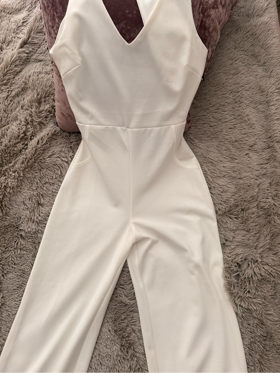 Crystal Sky Pants - Minimalist Cream V-Neck Wide-Leg Jumpsuit